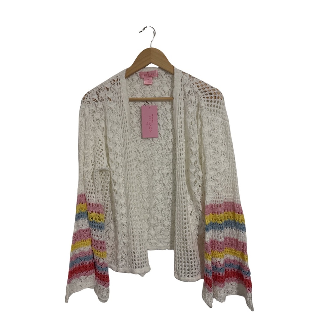 White Crochet Open Cardigan with Striped Sleeves
